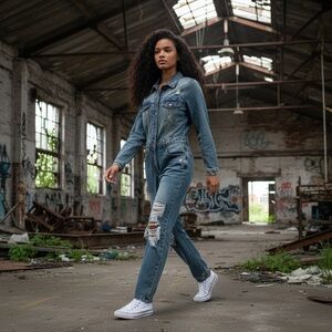 Malibu Bum Women's Distressed Ripped Denim Jumpsuit Size Medium NWT